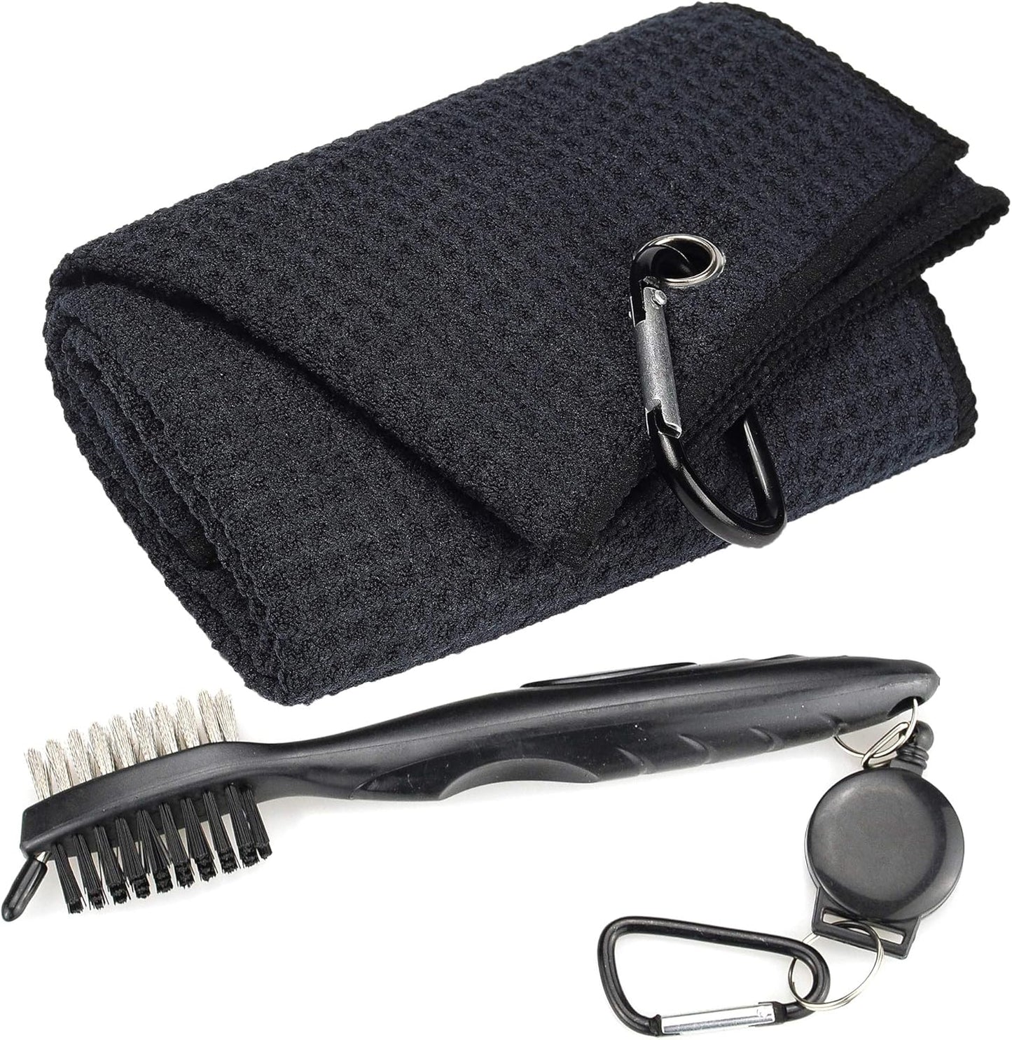 Golf Towels - Microfiber Waffle Pattern Tri-Fold, Brush Tool Kit with Club Groove Cleaner with Retractable Cord and Clip, for Men Women, Golf Gift