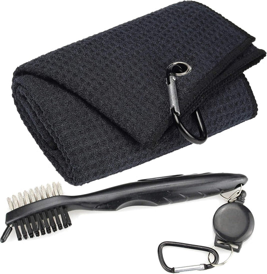 Golf Towels - Microfiber Waffle Pattern Tri-Fold, Brush Tool Kit with Club Groove Cleaner with Retractable Cord and Clip, for Men Women, Golf Gift