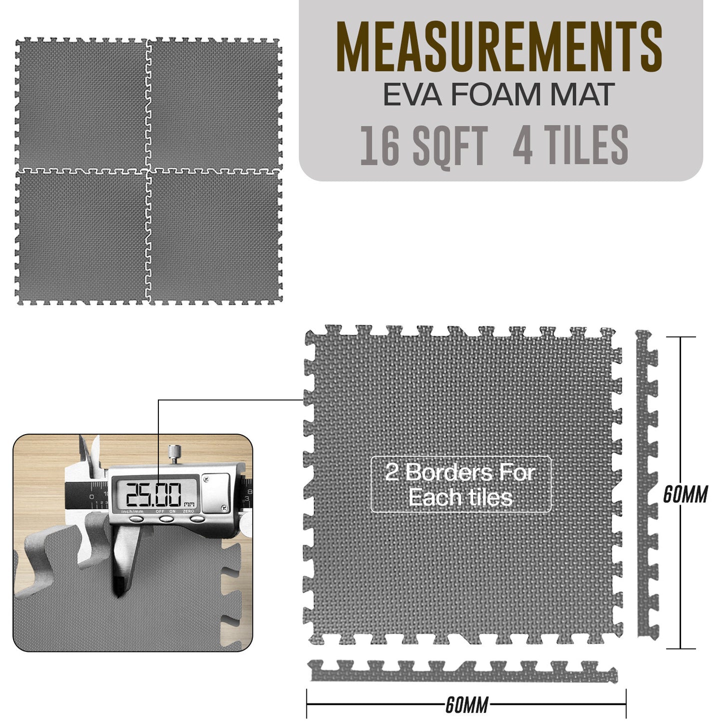 EVA INTERLOCKING FLOOR MATS SOFT FOAM GYM FLOORING MAT YOGA TILES 25 MM 60X60Cm
